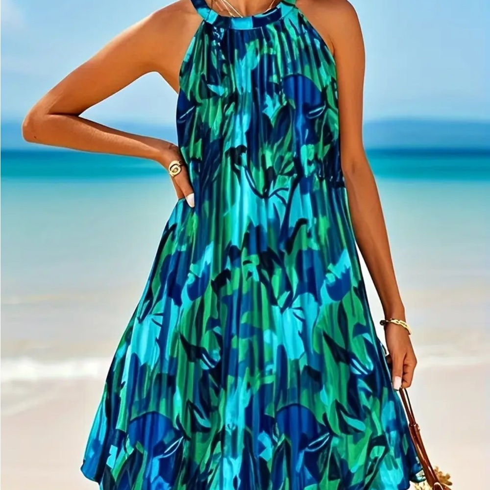 Blue and Green Halter Neck Swim Dress